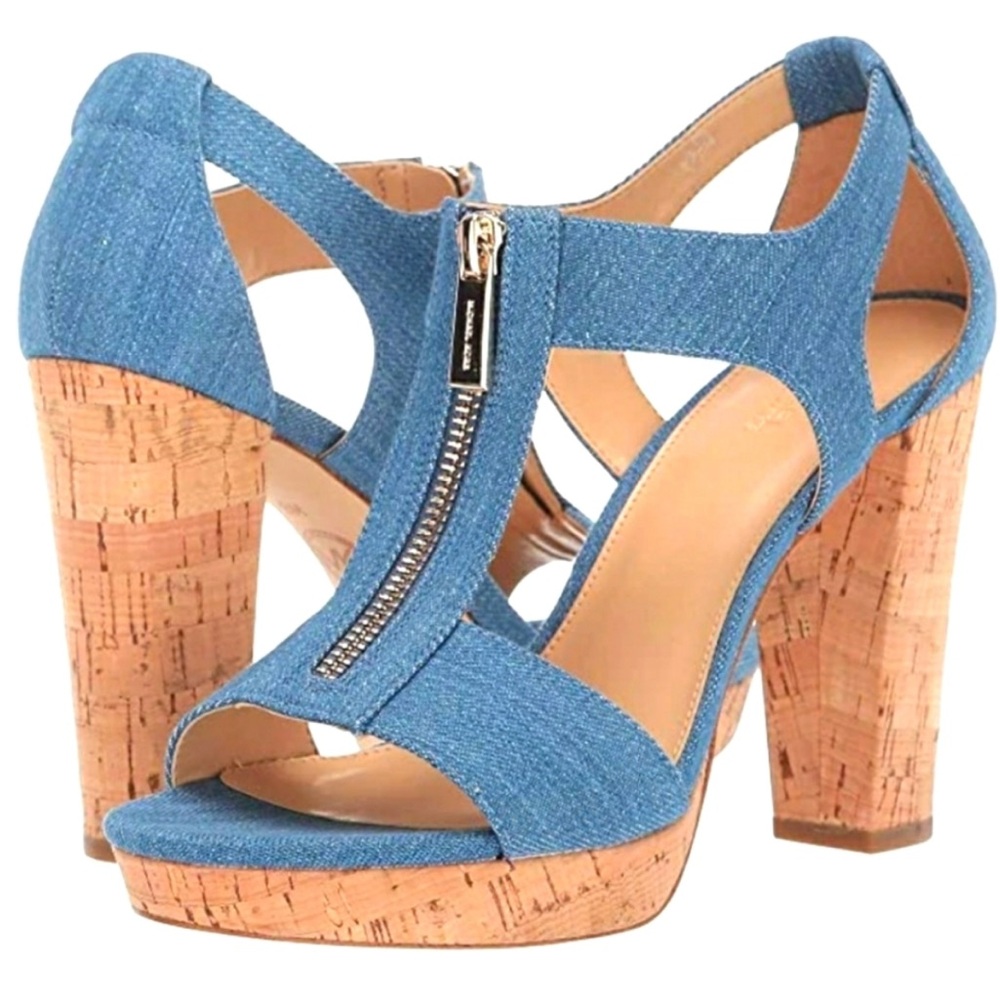 Michael KORS BERKLEY DENIM Cork PLATFORM T STRAP GOLD LOGO ZIPPER SANDAL US7
